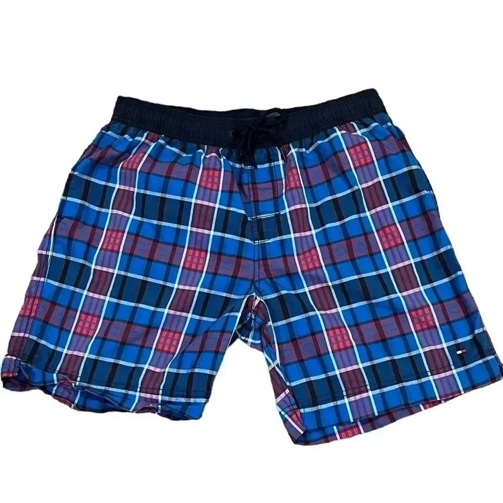 🍀 2/$22 Tommy Hilfiger 7” Mens Blue Red Plaid Swim Trunks size large